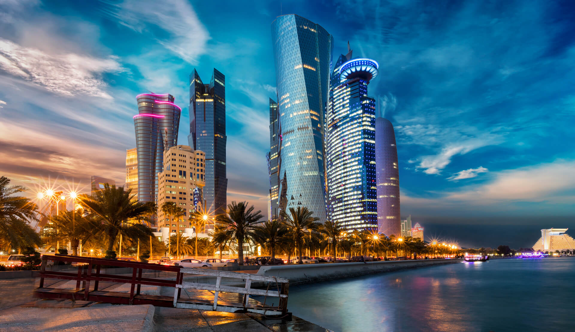 The skyline of Doha city center after sunset in Qatar